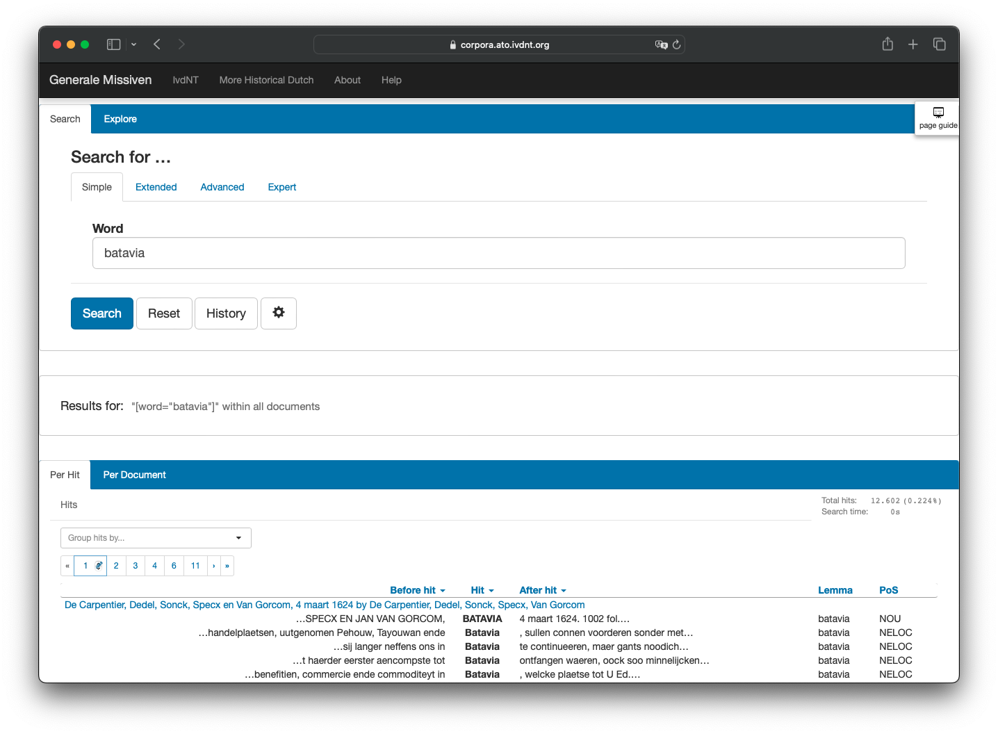 Screenshot of BlackLab Search Interface for General Missives of the VOC