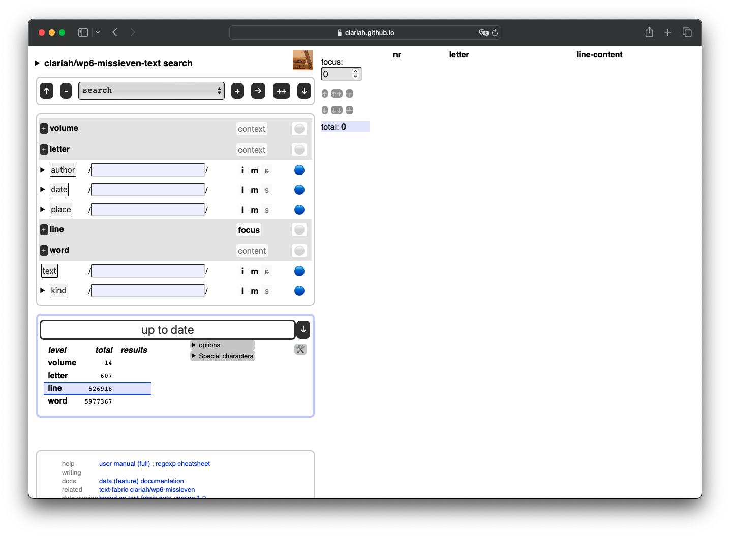 Screenshot of the Text-Fabric Search Interface for General Missives of the VOC